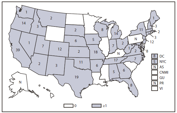 HEMOLYTIC UREMIC SYNDROME - This figure is a map of the United States and U.S. territories that presents the number of hemolytic uremic, postdiarrheal cases in each state and territory in 2010.